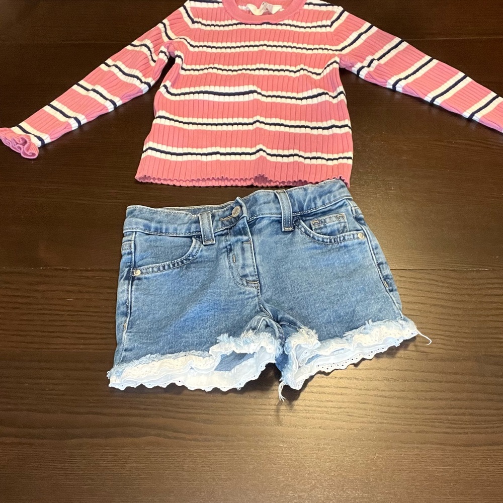 H&M Pink Striped Top and Blue Denim Shorts